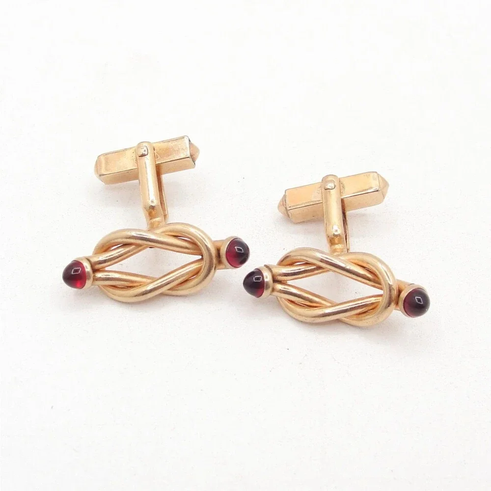 Vintage SWANK Infinity Eternity Love Knot Cufflinks Red Glass Cabochon Art Deco